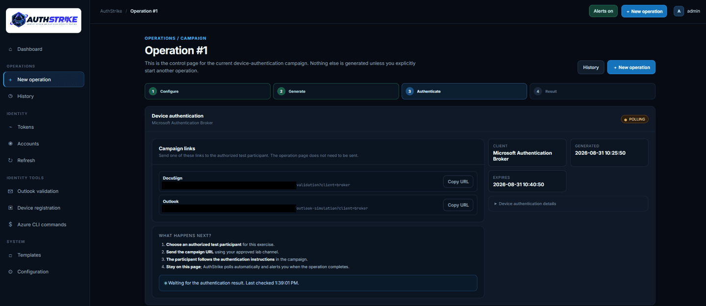 AuthStrike operator portal showing generated campaign URLs for a device code test