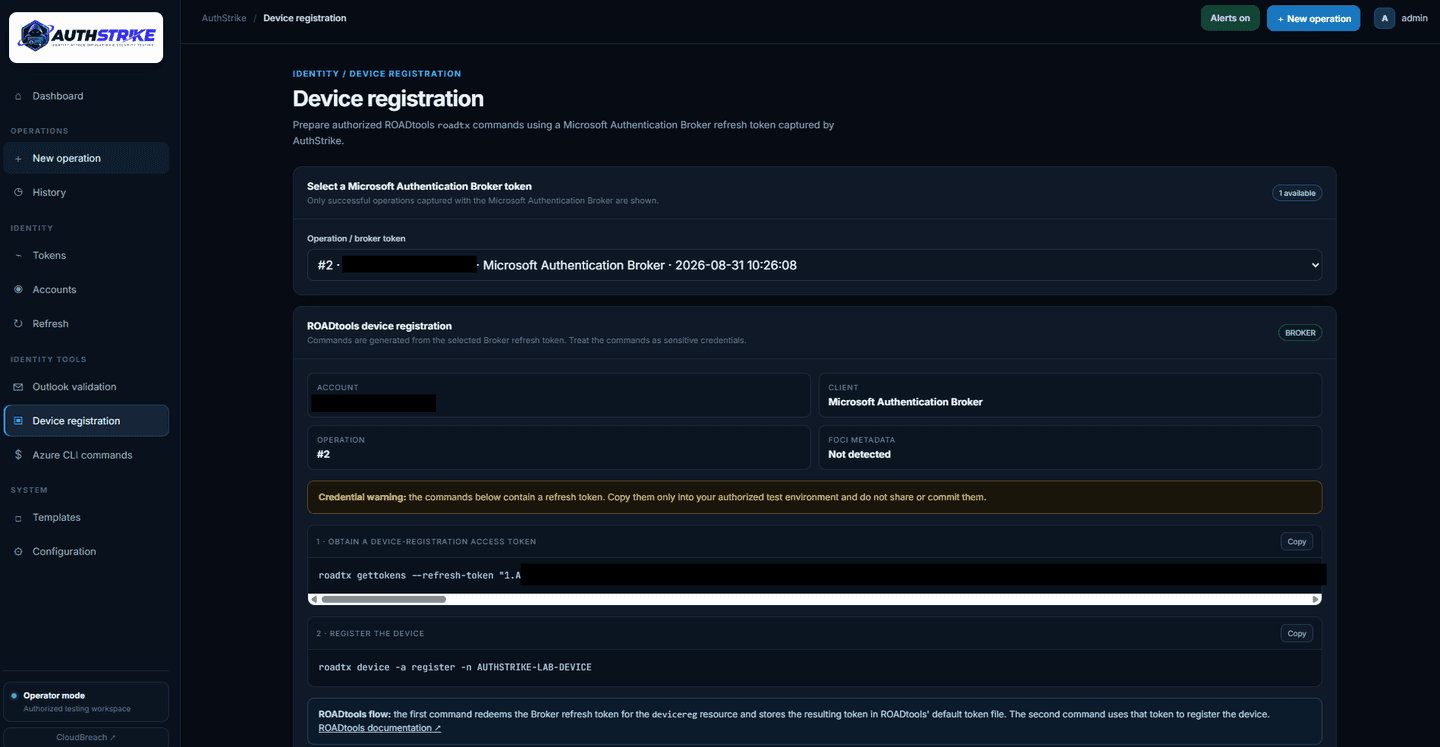 AuthStrike device registration view using a captured Microsoft Authentication Broker token