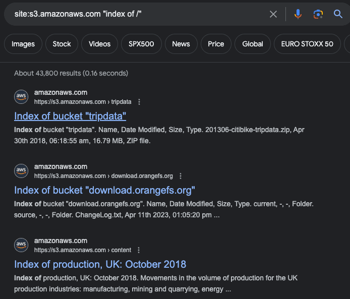 Google search results for an S3 bucket index-of dork