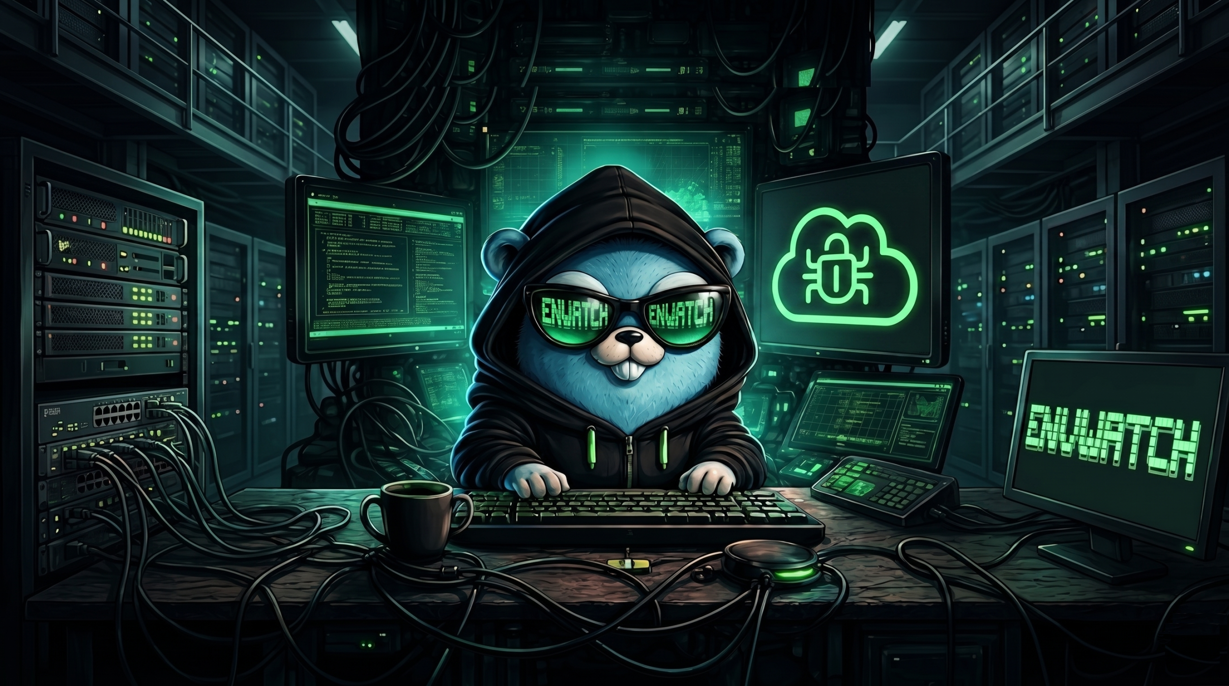 EnvWatch, a Go gopher in a hacker's server room surrounded by screens showing ENVWATCH